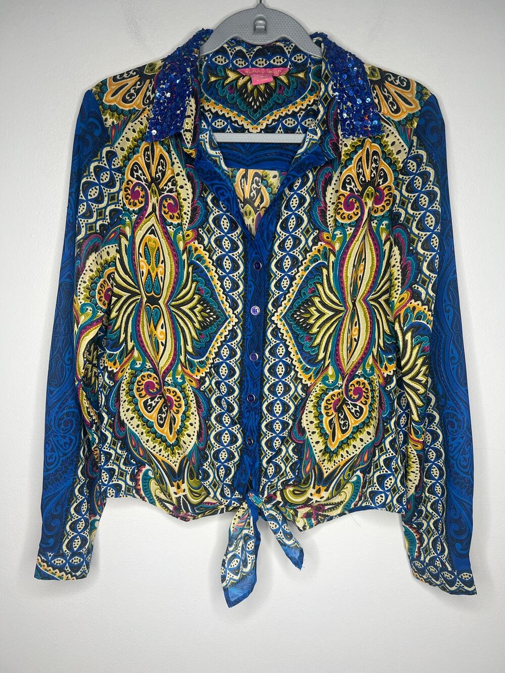 Sunny Leigh Paisley Tie Front Blouse Blue Sequined Collar Boho Glam Y2K Top Sz M